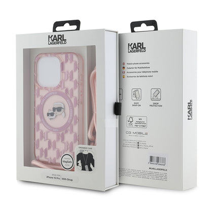 Husa MagSafe pentru Apple iPhone 15 Pro, Karl Lagerfeld, IML Crossbody Monogram Karl & Choupette's Heads, Roz
