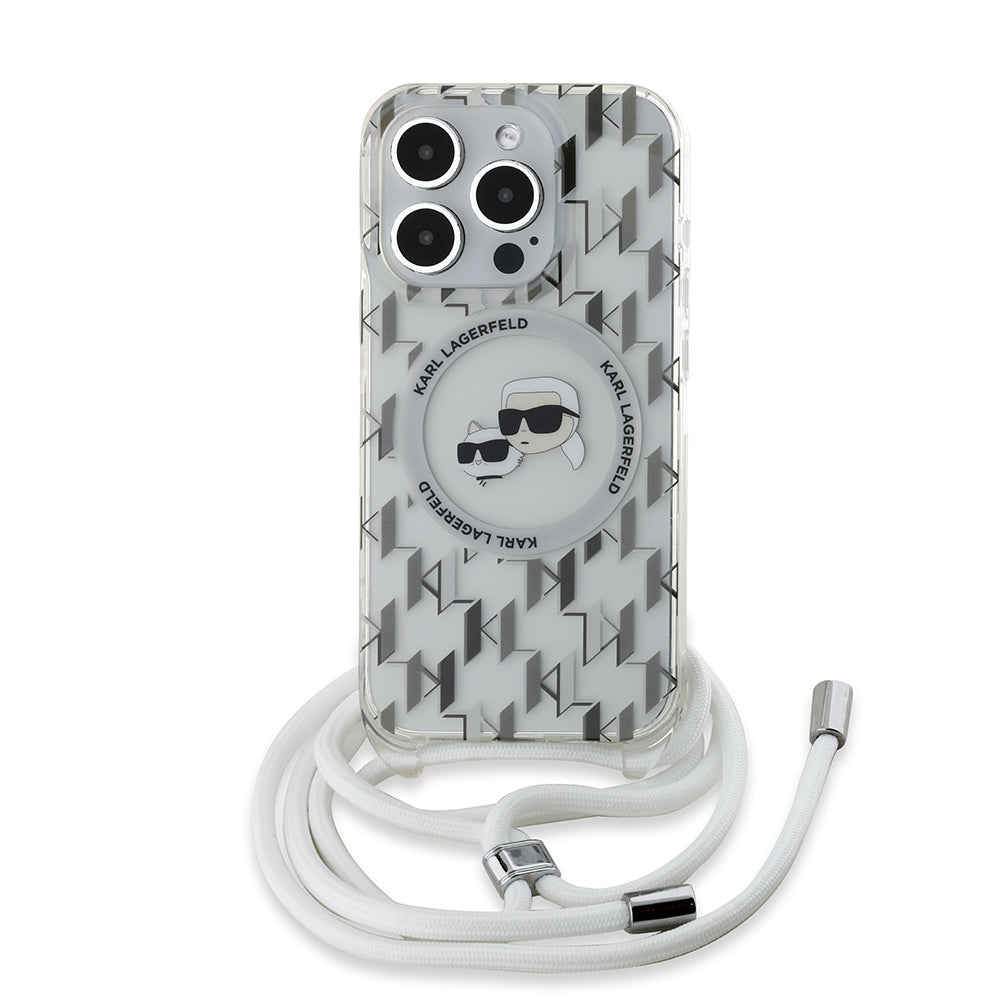 Husa MagSafe pentru Apple iPhone 15 Pro, Karl Lagerfeld, IML Crossbody Monogram Karl & Choupette's Heads, Transparenta