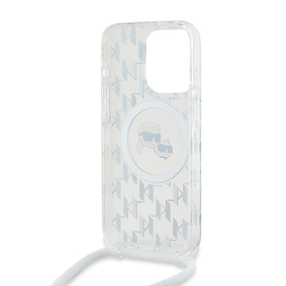 Husa MagSafe pentru Apple iPhone 15 Pro, Karl Lagerfeld, IML Crossbody Monogram Karl & Choupette's Heads, Transparenta