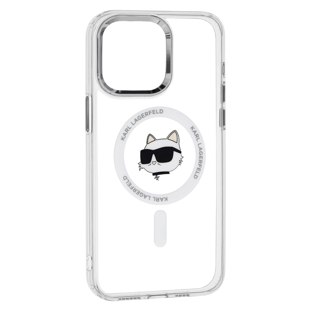 Husa MagSafe pentru Apple iPhone 15 Pro, Karl Lagerfeld, IML Metal Choupette's Head, Alba