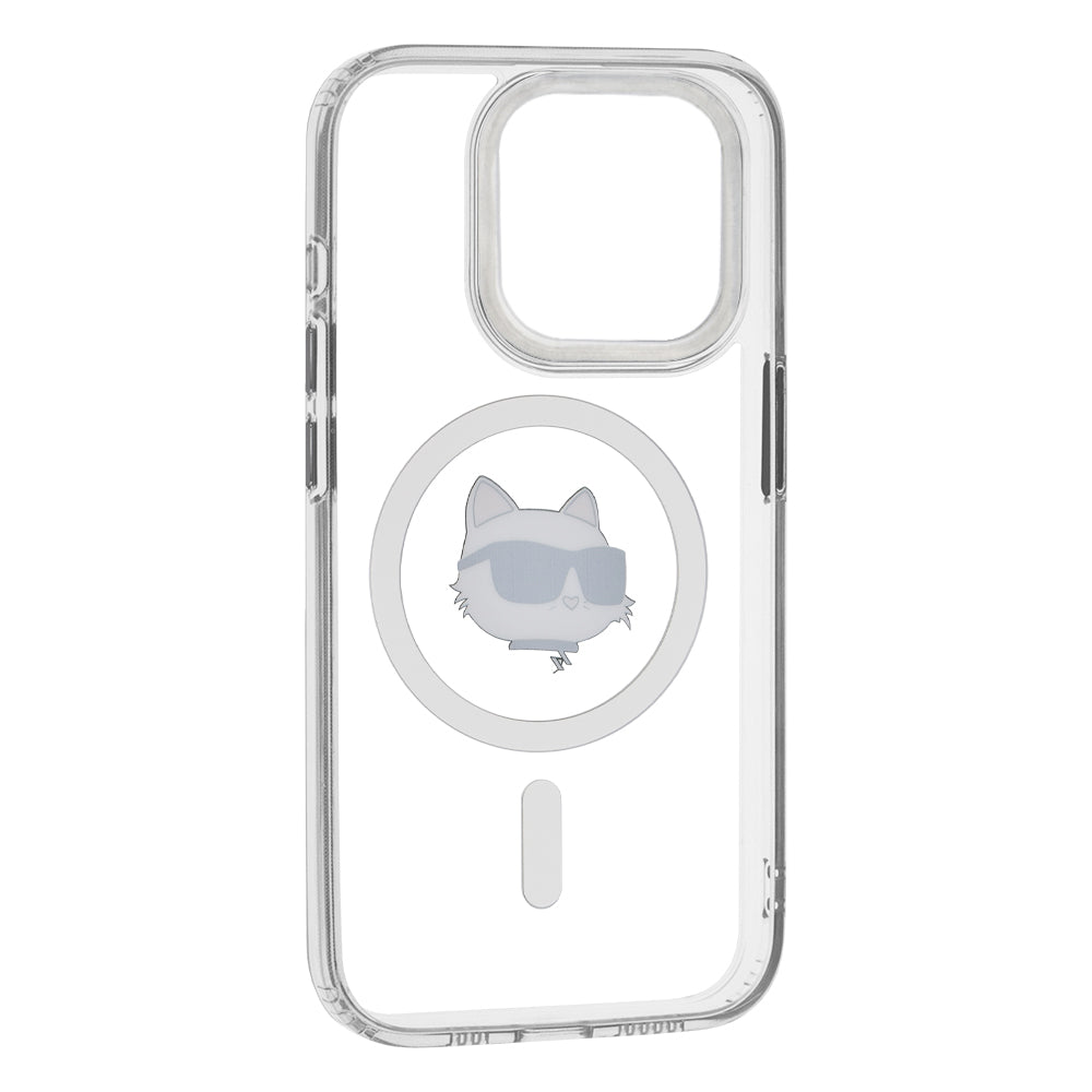 Husa MagSafe pentru Apple iPhone 15 Pro, Karl Lagerfeld, IML Metal Choupette's Head, Alba