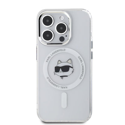 Husa MagSafe pentru Apple iPhone 15 Pro, Karl Lagerfeld, IML Metal Choupette's Head, Alba