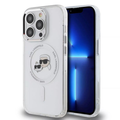 Husa MagSafe pentru Apple iPhone 15 Pro, Karl Lagerfeld, IML Metal Karl & Choupette's Heads, Alba