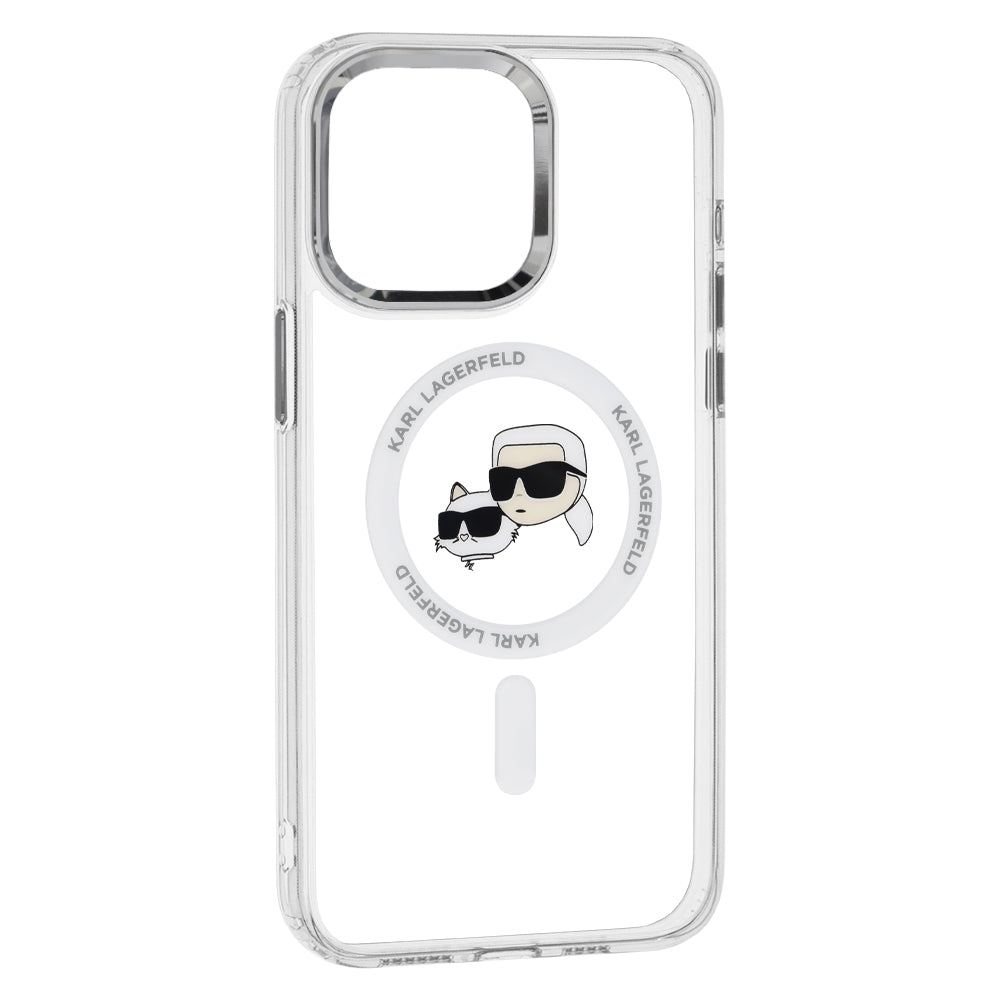 Husa MagSafe pentru Apple iPhone 15 Pro, Karl Lagerfeld, IML Metal Karl & Choupette's Heads, Alba