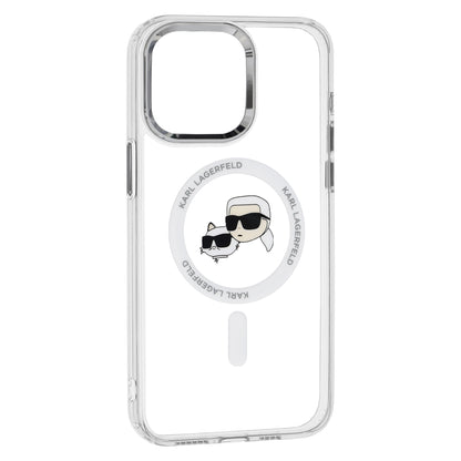 Husa MagSafe pentru Apple iPhone 15 Pro, Karl Lagerfeld, IML Metal Karl & Choupette's Heads, Alba