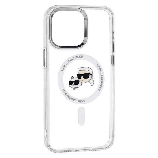 Husa MagSafe pentru Apple iPhone 15 Pro, Karl Lagerfeld, IML Metal Karl & Choupette's Heads, Alba