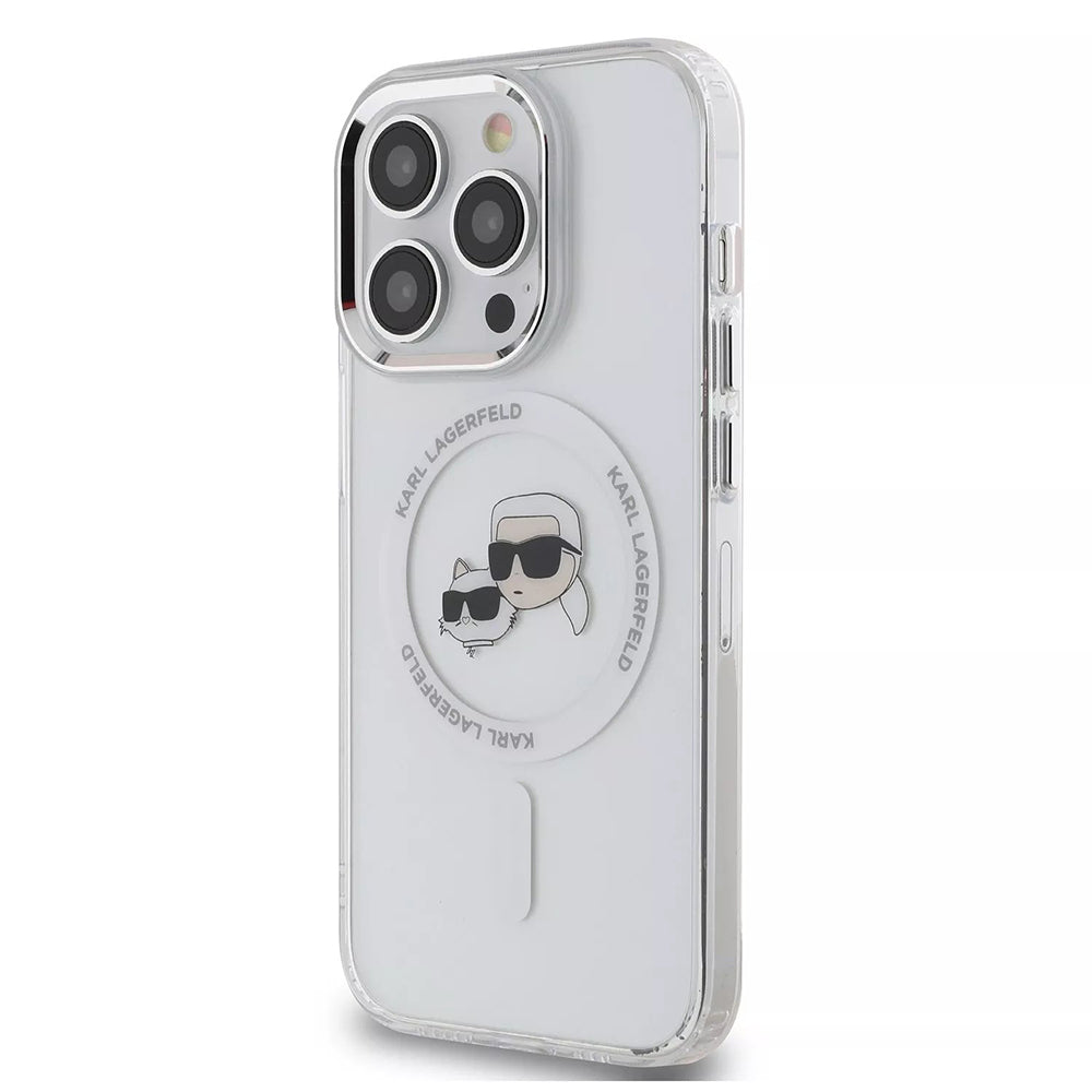 Husa MagSafe pentru Apple iPhone 15 Pro, Karl Lagerfeld, IML Metal Karl & Choupette's Heads, Alba