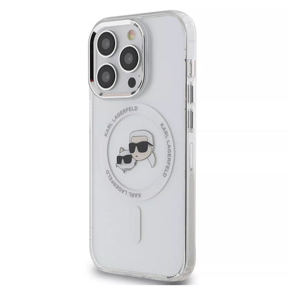 Husa MagSafe pentru Apple iPhone 15 Pro, Karl Lagerfeld, IML Metal Karl & Choupette's Heads, Alba