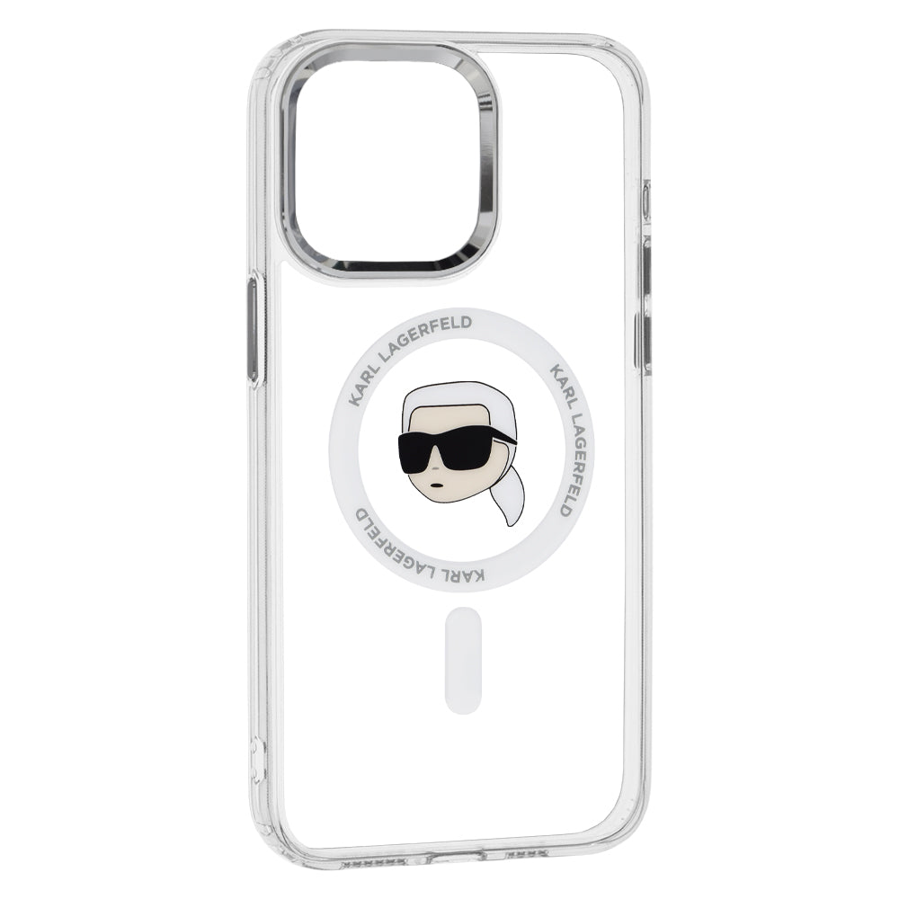 Husa MagSafe pentru Apple iPhone 15 Pro, Karl Lagerfeld, IML Metal Karl's Head, Alba