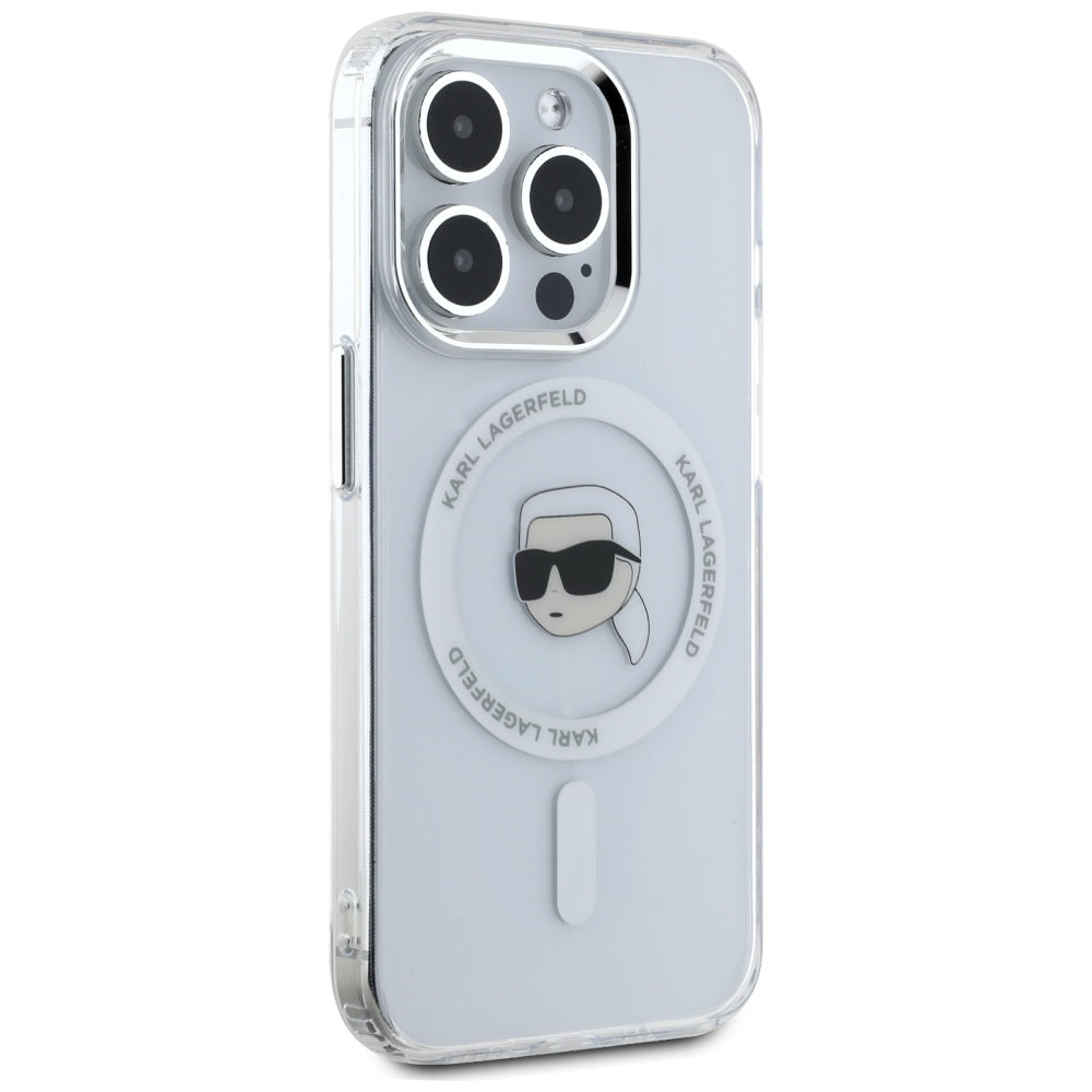 Husa MagSafe pentru Apple iPhone 15 Pro, Karl Lagerfeld, IML Metal Karl's Head, Alba