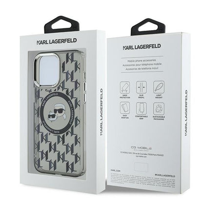 Husa MagSafe pentru Apple iPhone 15 Pro, Karl Lagerfeld, IML Monogram Karl & Choupette's Heads, Neagra