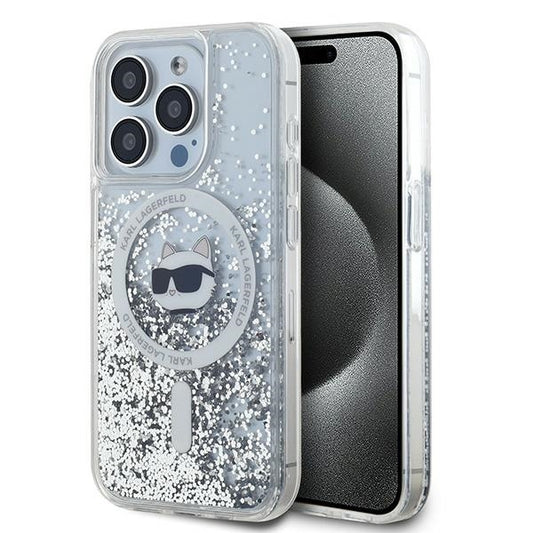 Husa MagSafe pentru Apple iPhone 15 Pro, Karl Lagerfeld, Liquid Glitter Choupette Head, Transparenta