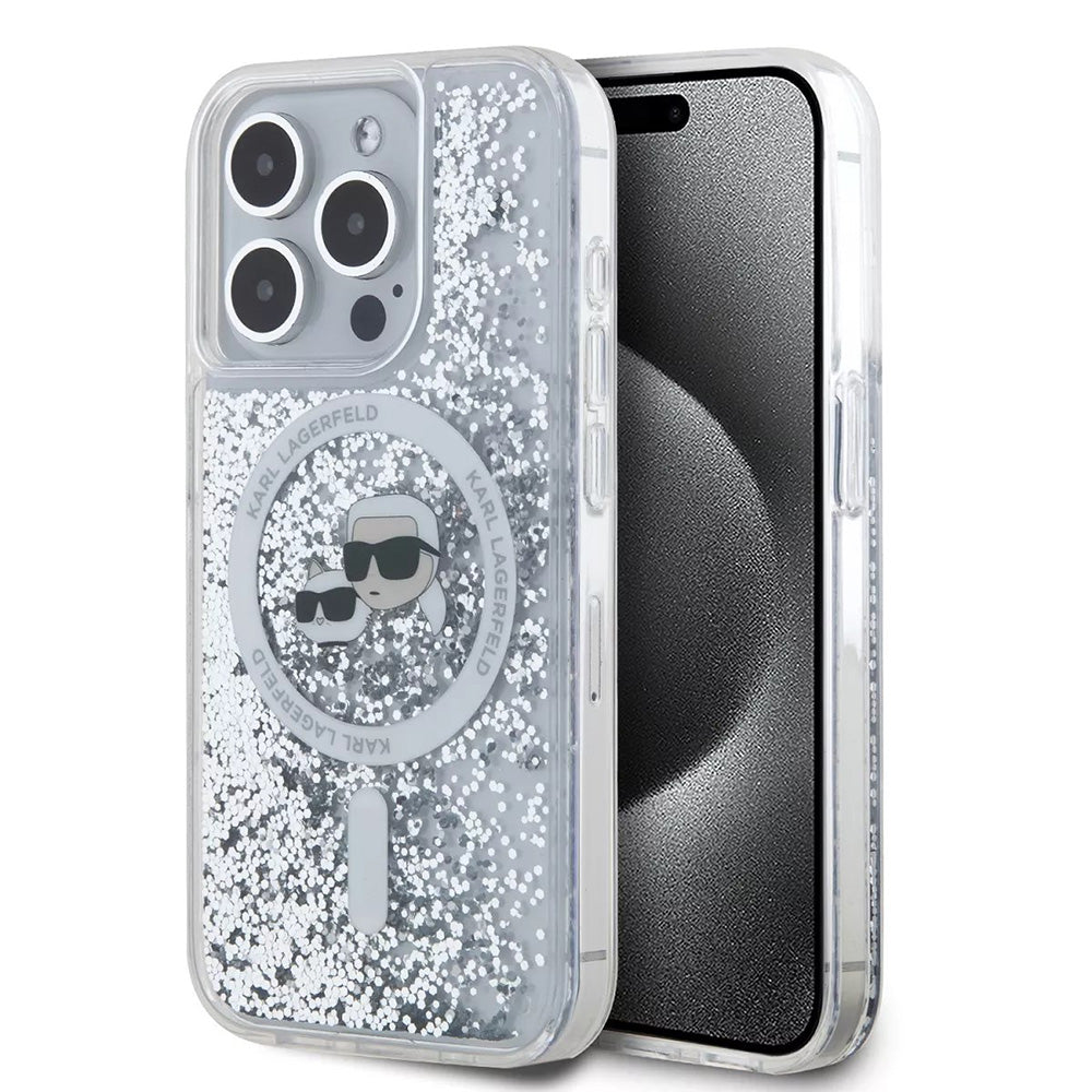Husa MagSafe pentru Apple iPhone 15 Pro, Karl Lagerfeld, Liquid Glitter Karl & Choupette's Heads, Transparenta