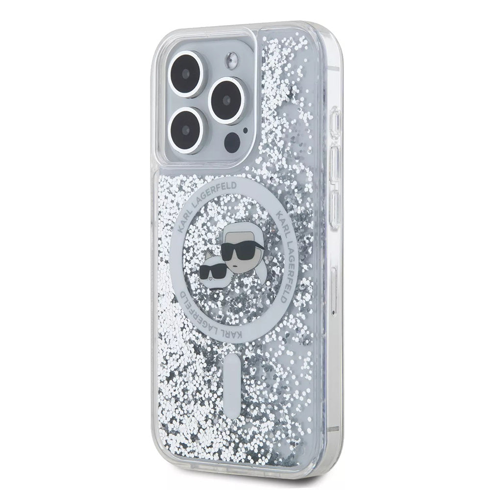 Husa MagSafe pentru Apple iPhone 15 Pro, Karl Lagerfeld, Liquid Glitter Karl & Choupette's Heads, Transparenta