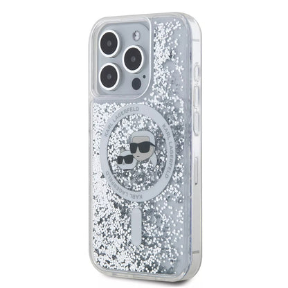 Husa MagSafe pentru Apple iPhone 15 Pro, Karl Lagerfeld, Liquid Glitter Karl & Choupette's Heads, Transparenta