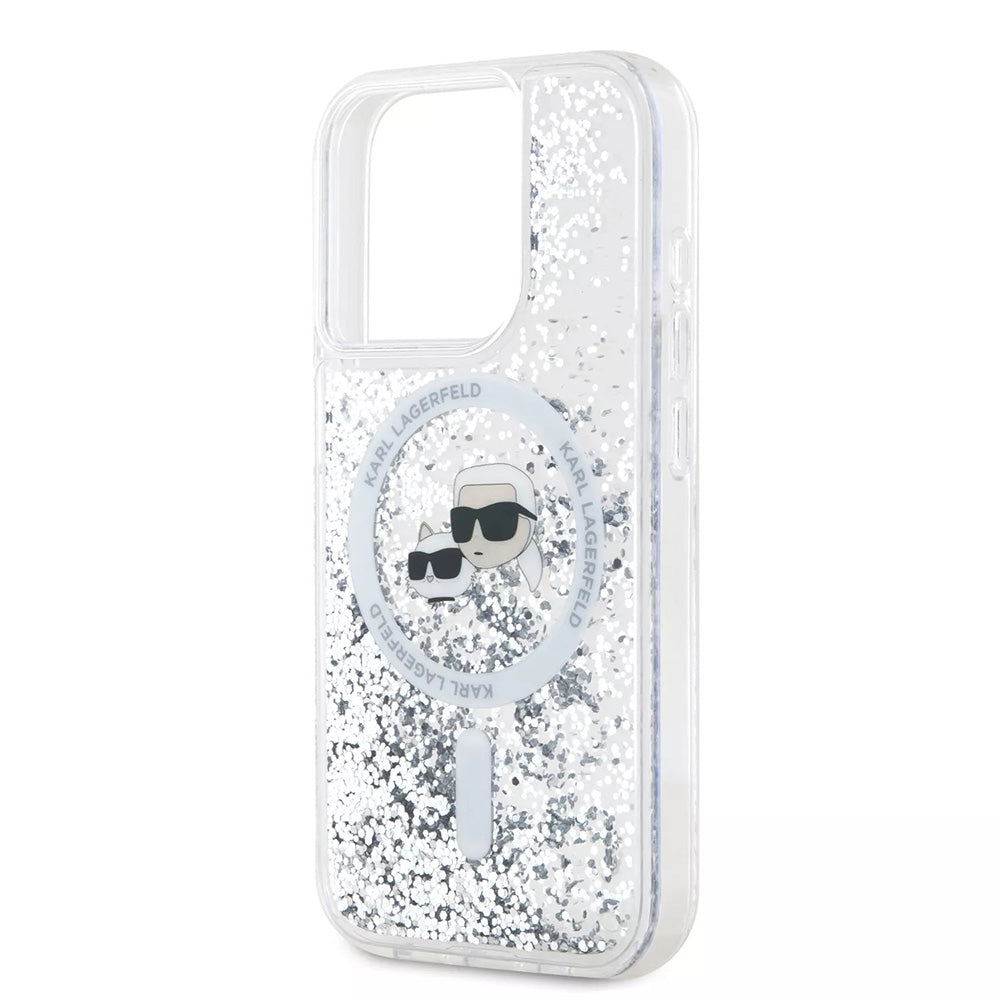 Husa MagSafe pentru Apple iPhone 15 Pro, Karl Lagerfeld, Liquid Glitter Karl & Choupette's Heads, Transparenta