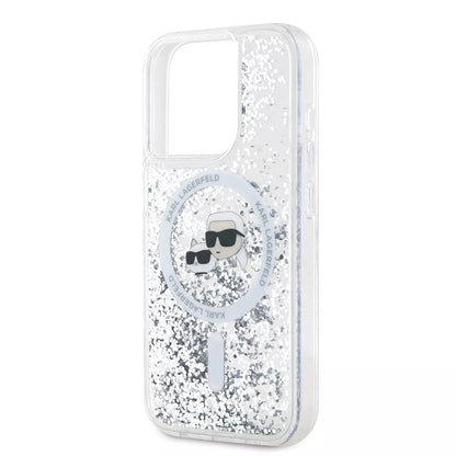 Husa MagSafe pentru Apple iPhone 15 Pro, Karl Lagerfeld, Liquid Glitter Karl & Choupette's Heads, Transparenta