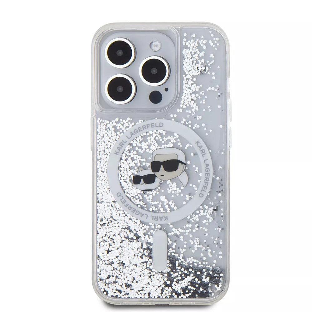 Husa MagSafe pentru Apple iPhone 15 Pro, Karl Lagerfeld, Liquid Glitter Karl & Choupette's Heads, Transparenta