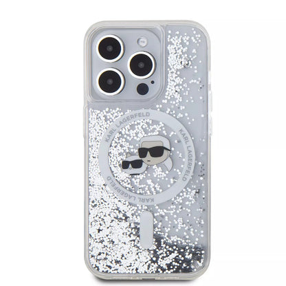 Husa MagSafe pentru Apple iPhone 15 Pro, Karl Lagerfeld, Liquid Glitter Karl & Choupette's Heads, Transparenta