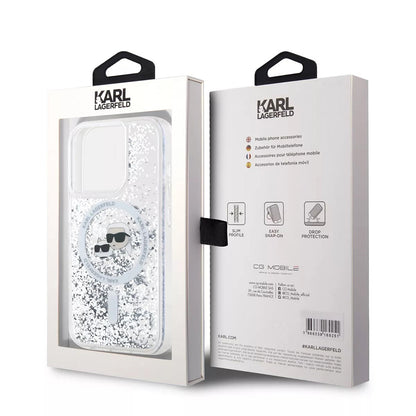 Husa MagSafe pentru Apple iPhone 15 Pro, Karl Lagerfeld, Liquid Glitter Karl & Choupette's Heads, Transparenta