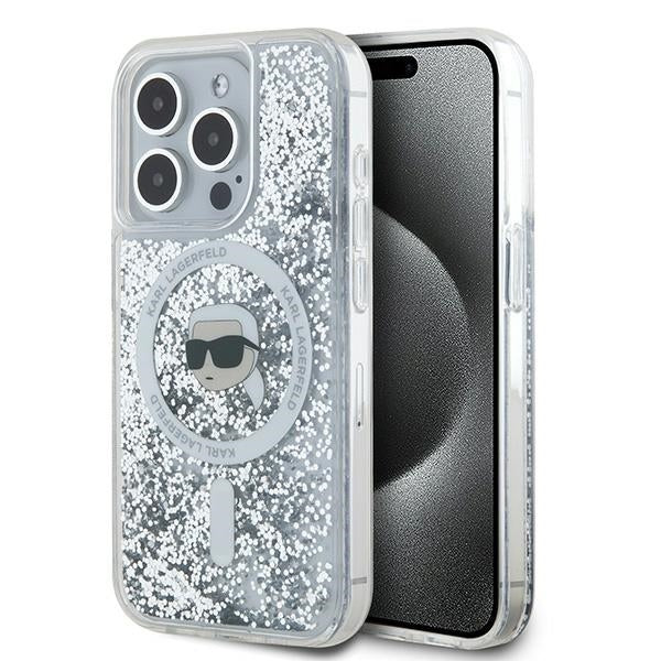 Husa MagSafe pentru Apple iPhone 15 Pro, Karl Lagerfeld, Liquid Glitter Karl's Head, Transparenta