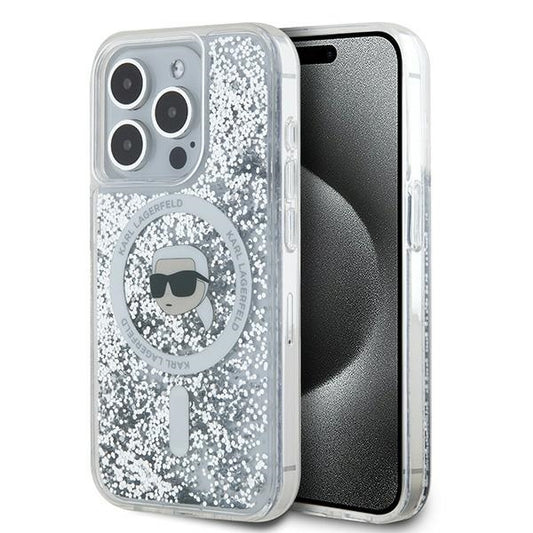 Husa MagSafe pentru Apple iPhone 15 Pro, Karl Lagerfeld, Liquid Glitter Karl's Head, Transparenta