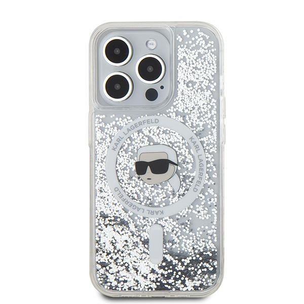 Husa MagSafe pentru Apple iPhone 15 Pro, Karl Lagerfeld, Liquid Glitter Karl's Head, Transparenta