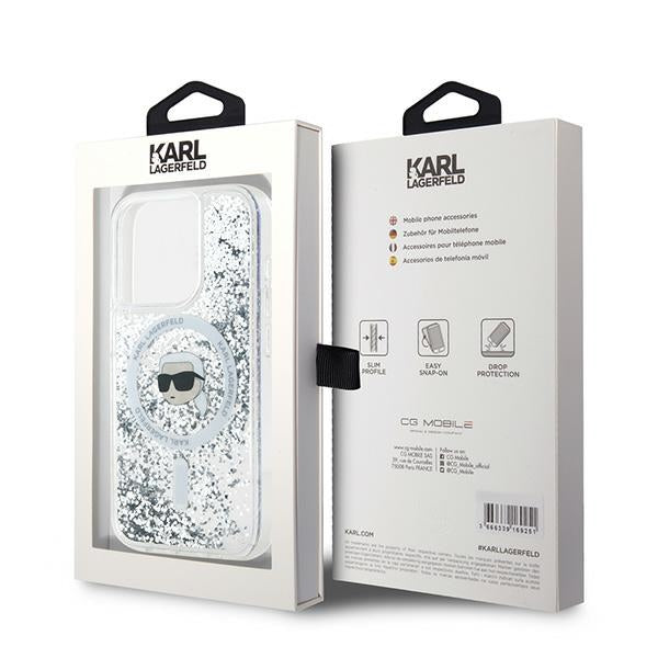 Husa MagSafe pentru Apple iPhone 15 Pro, Karl Lagerfeld, Liquid Glitter Karl's Head, Transparenta