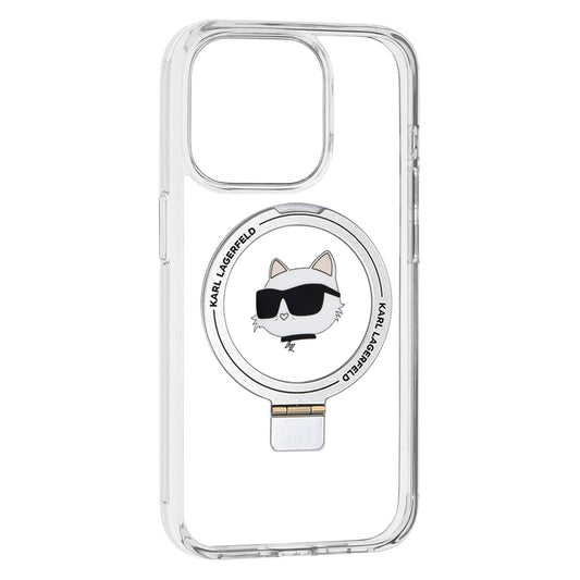Husa MagSafe pentru Apple iPhone 15 Pro, Karl Lagerfeld, Ring Stand Choupette's Head, Alba