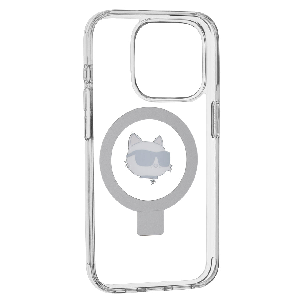 Husa MagSafe pentru Apple iPhone 15 Pro, Karl Lagerfeld, Ring Stand Choupette's Head, Alba