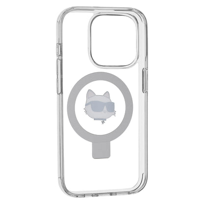 Husa MagSafe pentru Apple iPhone 15 Pro, Karl Lagerfeld, Ring Stand Choupette's Head, Alba