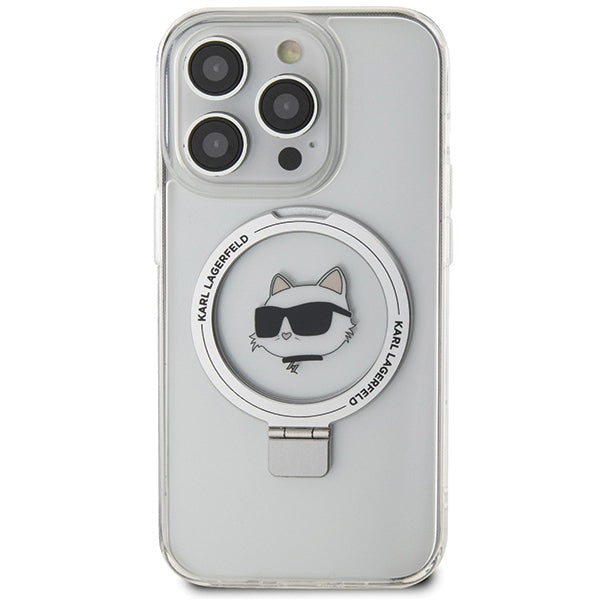 Husa MagSafe pentru Apple iPhone 15 Pro, Karl Lagerfeld, Ring Stand Choupette's Head, Alba