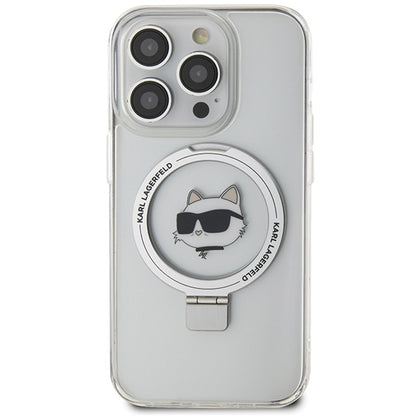 Husa MagSafe pentru Apple iPhone 15 Pro, Karl Lagerfeld, Ring Stand Choupette's Head, Alba