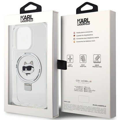 Husa MagSafe pentru Apple iPhone 15 Pro, Karl Lagerfeld, Ring Stand Choupette's Head, Alba