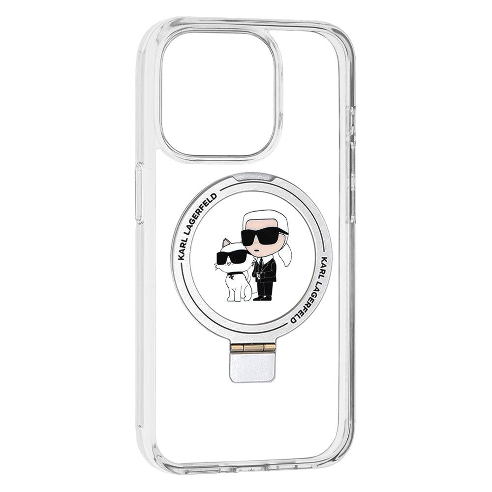Husa MagSafe pentru Apple iPhone 15 Pro, Karl Lagerfeld, Ring Stand Karl & Choupette, Alba