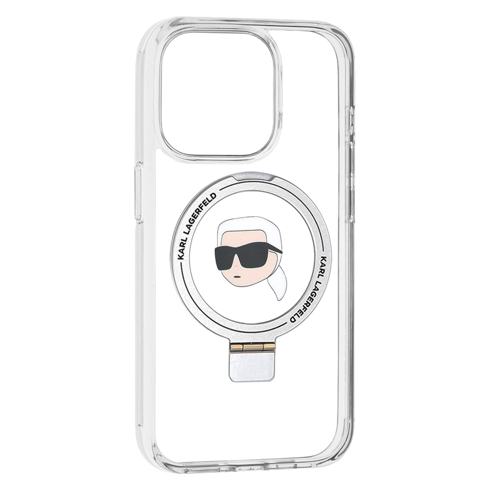 Husa MagSafe pentru Apple iPhone 15 Pro, Karl Lagerfeld, Ring Stand Karl's Head, Alba