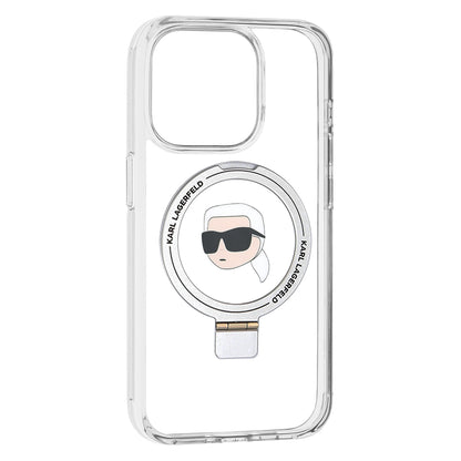 Husa MagSafe pentru Apple iPhone 15 Pro, Karl Lagerfeld, Ring Stand Karl's Head, Alba