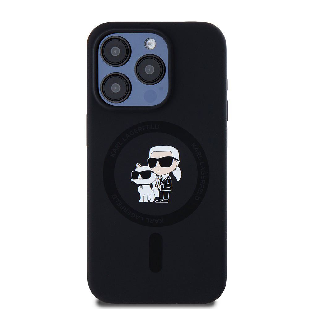 Husa MagSafe pentru Apple iPhone 15 Pro, Karl Lagerfeld, Silicone Karl & Choupette, Neagra