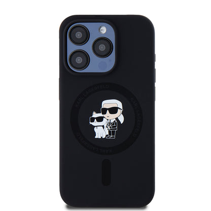 Husa MagSafe pentru Apple iPhone 15 Pro, Karl Lagerfeld, Silicone Karl & Choupette, Neagra