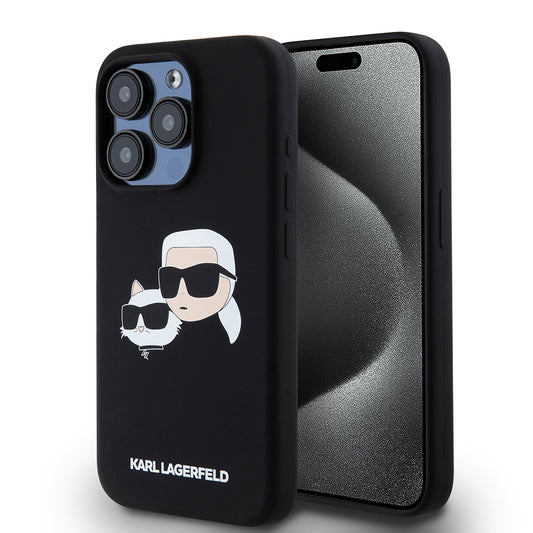 Husa MagSafe pentru Apple iPhone 15 Pro, Karl Lagerfeld, Silicone Karl & Choupette's Heads, Neagra