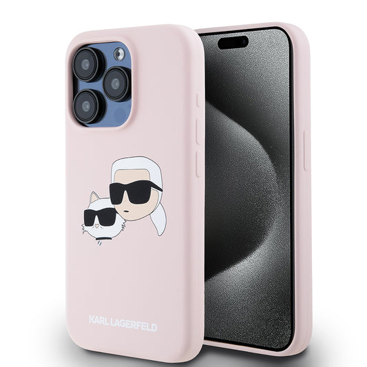 Husa MagSafe pentru Apple iPhone 15 Pro, Karl Lagerfeld, Silicone Karl & Choupette's Heads, Roz