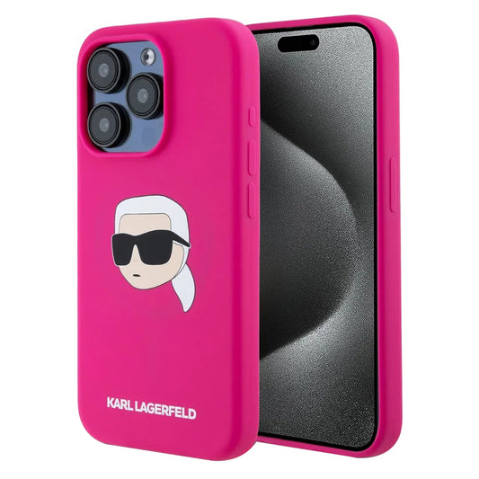 Husa MagSafe pentru Apple iPhone 15 Pro, Karl Lagerfeld, Silicone Karl's Head, Fucsia