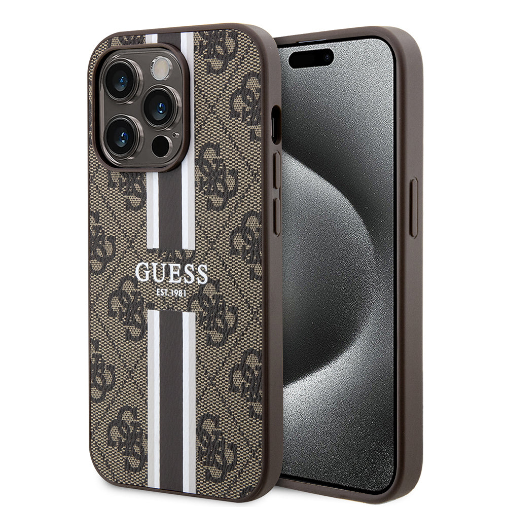 Husa MagSafe pentru Apple iPhone 15 Pro Max, Guess, 4G Printed Stripes, Maro