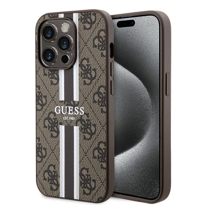 Husa MagSafe pentru Apple iPhone 15 Pro Max, Guess, 4G Printed Stripes, Maro