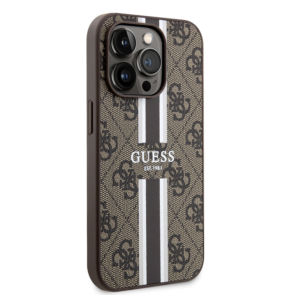 Husa MagSafe pentru Apple iPhone 15 Pro Max, Guess, 4G Printed Stripes, Maro