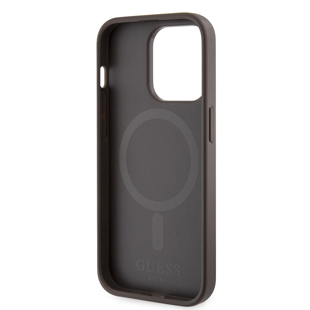 Husa MagSafe pentru Apple iPhone 15 Pro Max, Guess, 4G Printed Stripes, Maro