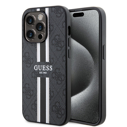Husa MagSafe pentru Apple iPhone 15 Pro Max, Guess, 4G Printed Stripes, Neagra