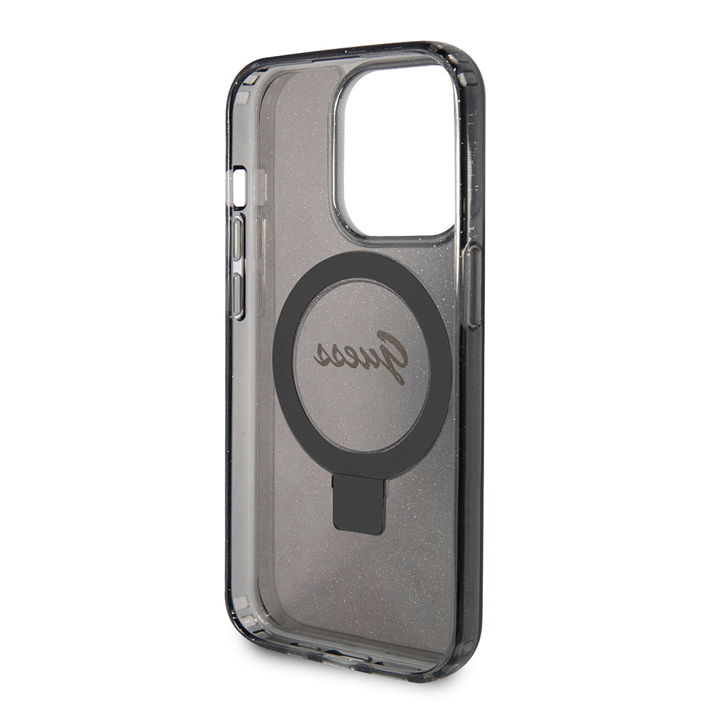 Husa MagSafe pentru Apple iPhone 15 Pro Max, Guess, IML Ring Stand Glitter, Neagra