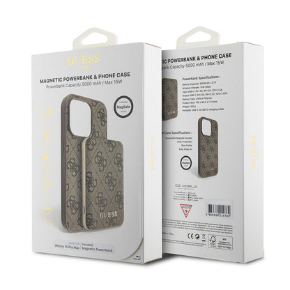 Husa MagSafe pentru Apple iPhone 15 Pro Max, Guess, Powerbank 4G Metal Logo, Maro