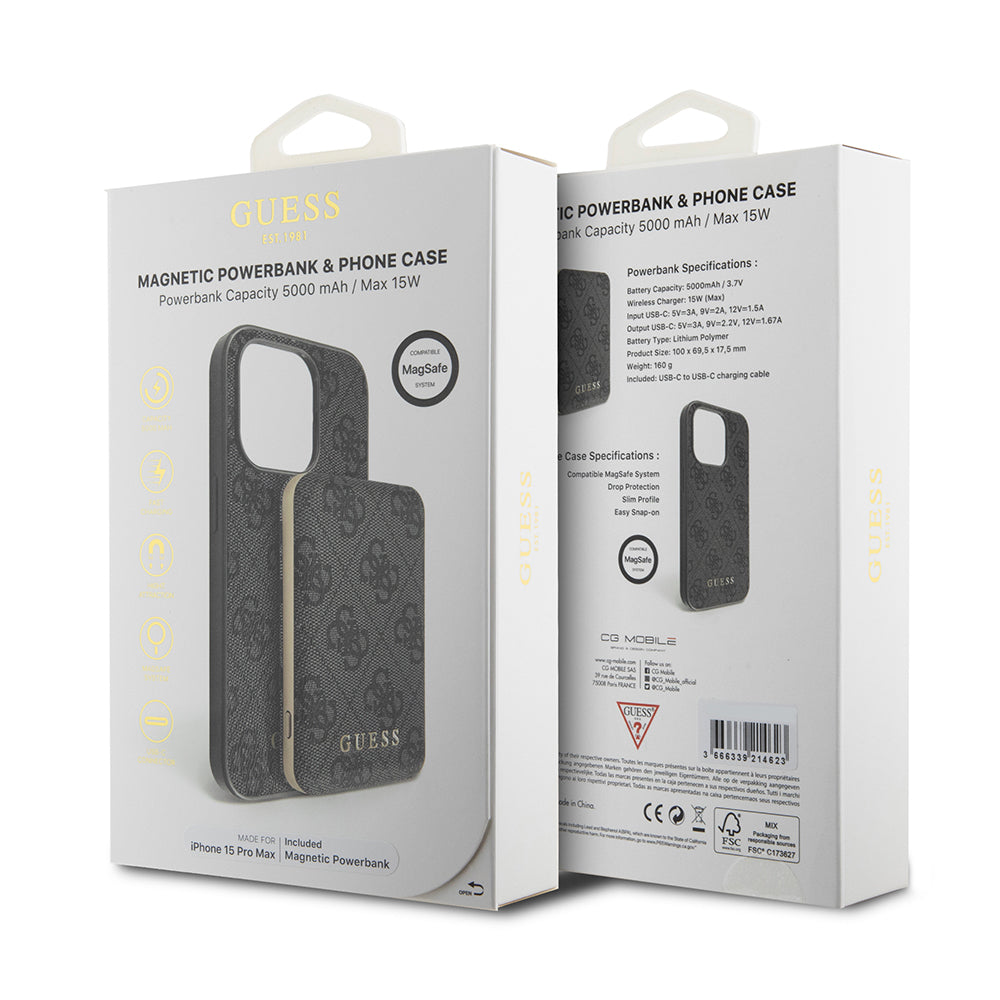 Husa MagSafe pentru Apple iPhone 15 Pro Max, Guess, Powerbank 4G Metal Logo, Neagra